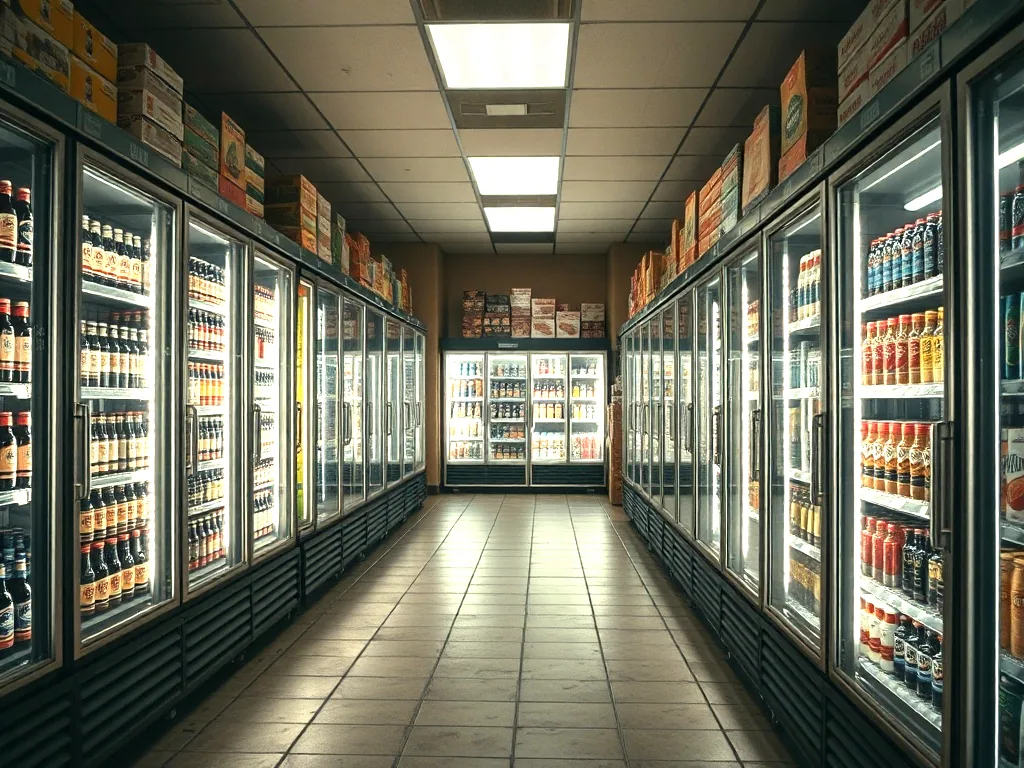 The cold case run, every glass door lit from inside, cartons stacked on top, shot straight on.