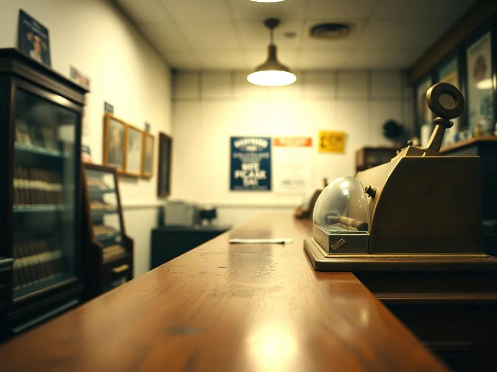 The shop counter along its length, a glass humidor of cigars at one end and a brass register at the other.