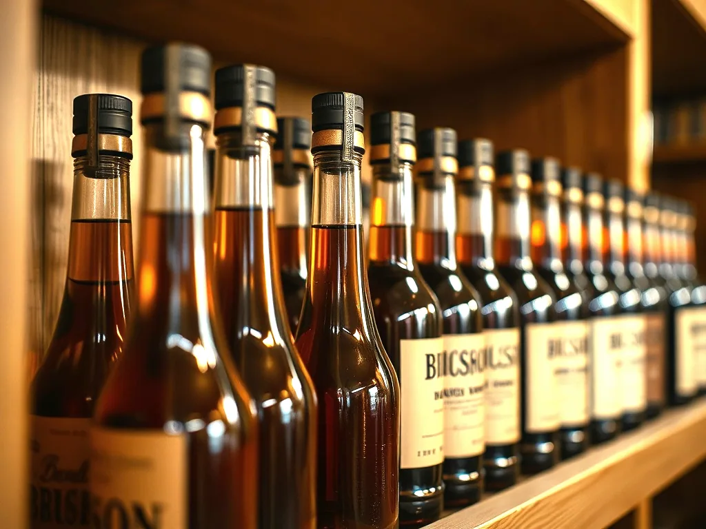 The necks and foil capsules of a dozen bourbon bottles standing in a row on a wooden shelf, focus falling away down the line.
