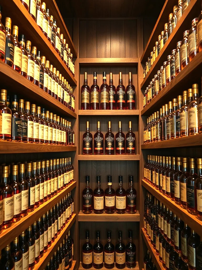 A wall of bourbon bottles on five wooden shelves, filling the frame corner to corner under warm shop light.