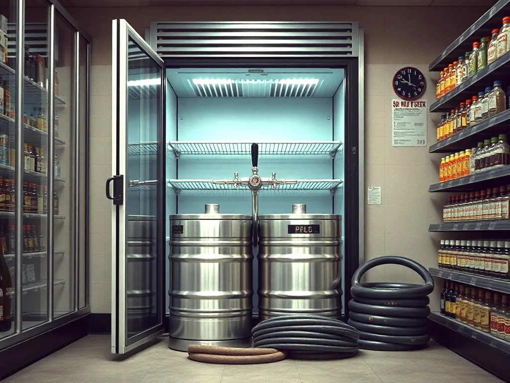 A walk-in cooler standing open with two stainless kegs pulled onto the floor and coiled tap hoses beside them.