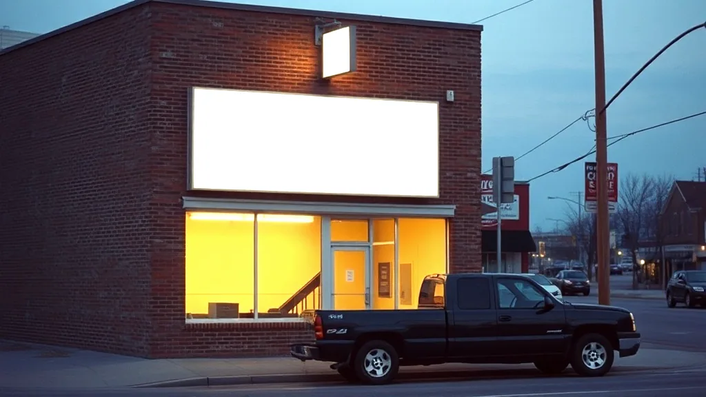 A small brick corner shop on a quiet main street at dusk, a pickup at the kerb and a blank sign board over the lit window.