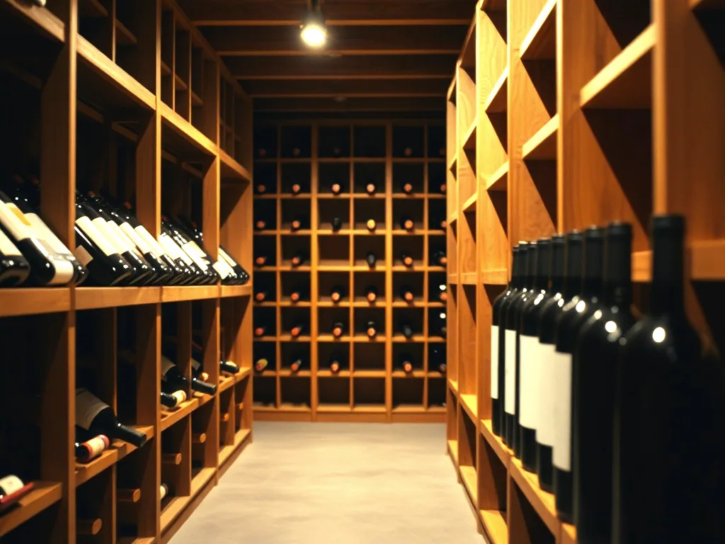 Wooden wine racks receding down an aisle, bottles lying on their sides and standing upright.